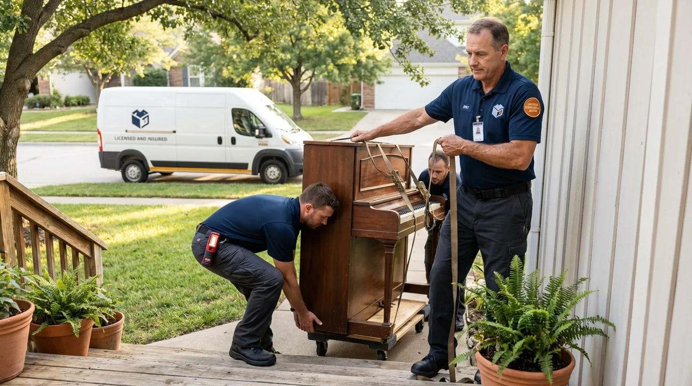 Licensed piano movers securing grand piano in Hudson, IL