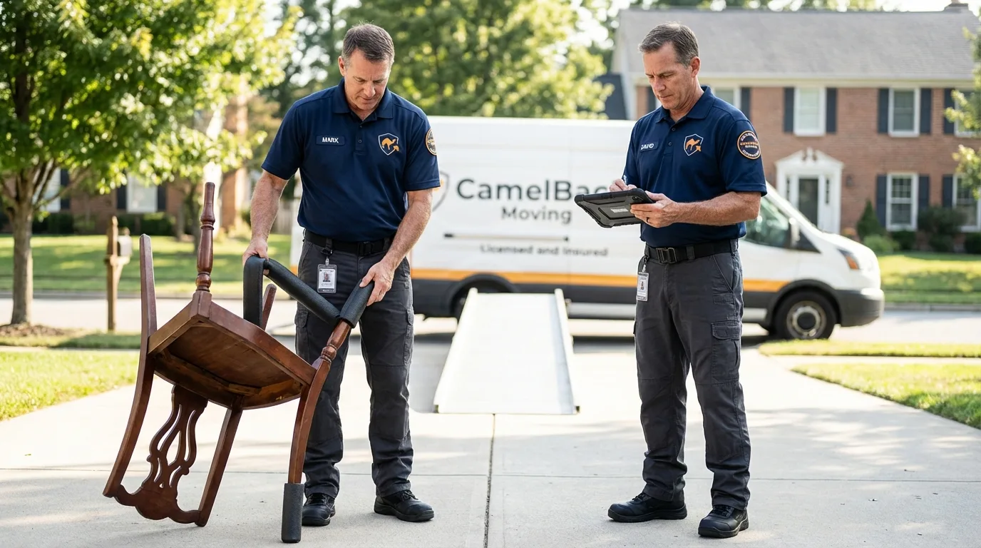 Movers inspecting furniture for damage prevention before loading in Hudson, IL