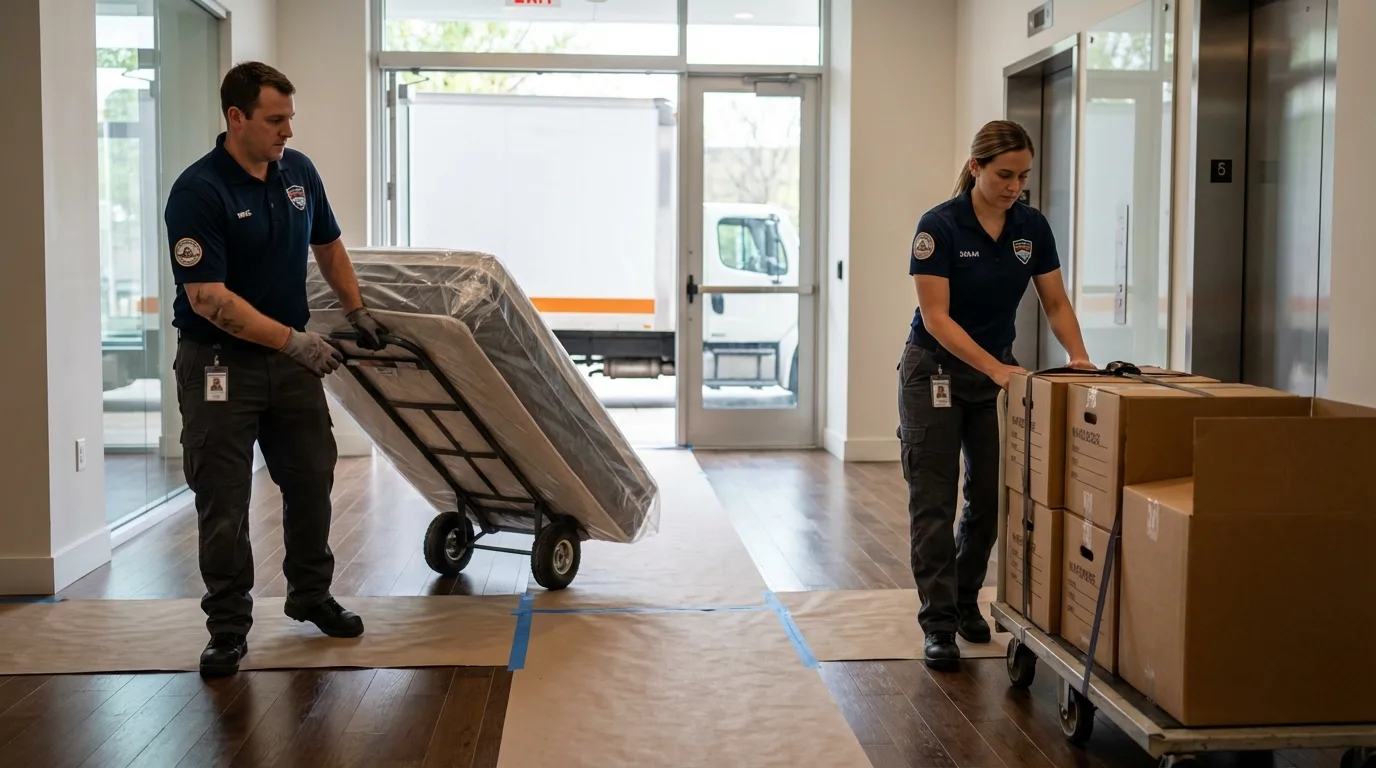 Professional apartment movers loading elevator in Hudson, IL